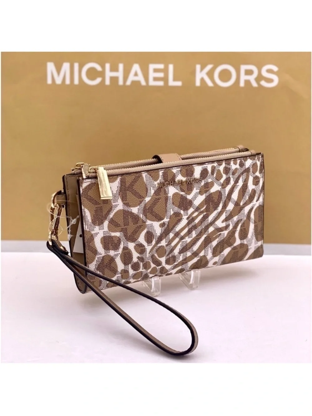 Michael Kors Animal Print Wristlet in Khaki and Cream with Gold Hardware